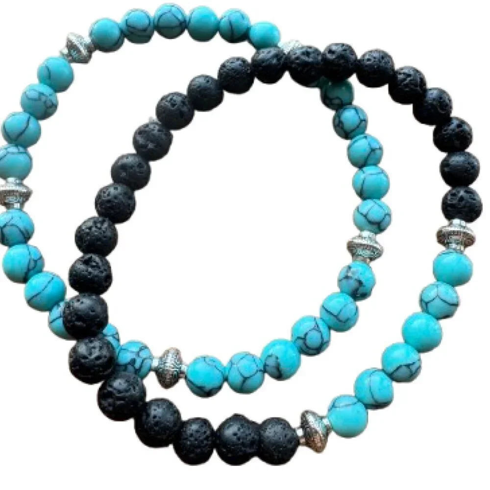 Set of 2 men's stretch bracelets - Blue turquoise & Lava natural stones NWT